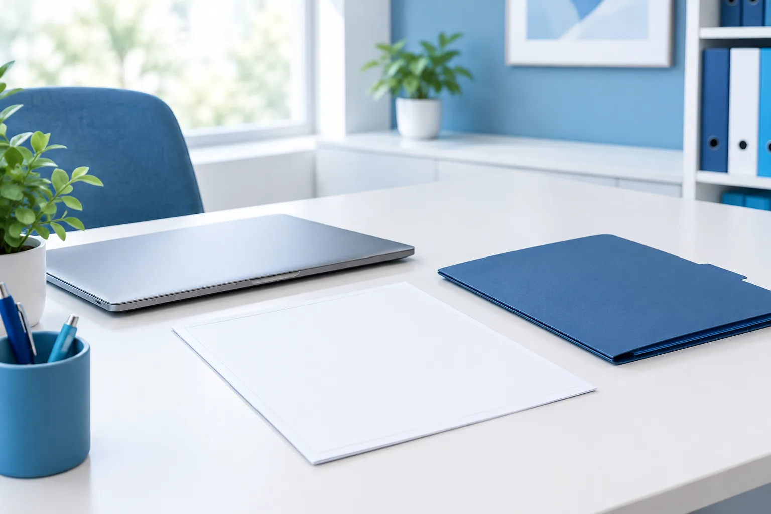 A blank form and closed laptop on a tidy medical office desk.